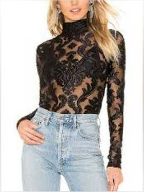 Alice McCall Entitled Lace Top Black Sheer High Neck Long Sleeve Blouse US 8